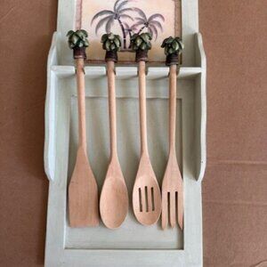 Palm Tree Handle Wooden Spoons with Decorative Wall Rack